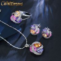 【ร้อน】 CWWZircons แฟชั่นเรขาคณิตหลายสี Cubic Z Irconia น่ารักจี้สร้อยคอต่างหูและแหวนชุดเครื่องประดับสำหรับผู้หญิง T316