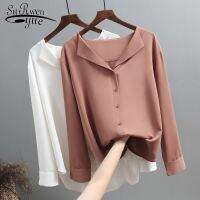 【CW】 Casual Solid Female Shirts Outwear Tops 2021 Spring New Women Chiffon Blouse Office Lady V-neck Button Loose Clothing 5104 50