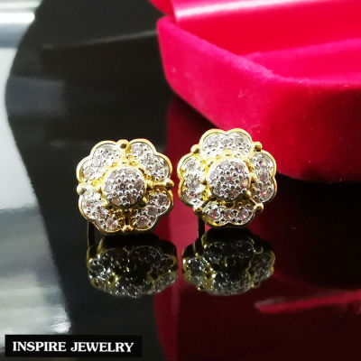 Inspire Jewelry ,ต่างหูเพชร ยกยอด รูปดอกไม้ ตัวเรือนหุ้มทองแท้ 100% 24K สวยหรู พร้อมกล่องทอง