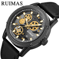 New Ruimas Mens Fashion Sports Watch Mechanical Wind Luminous Leather Waterproof Quartz Watch 306