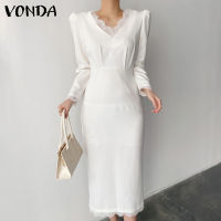 VONDA ชุดเดรสผู้หญิง Midi แบบหรูหราชุดเดรสคอวีแขนยาวเย็บปะติดลูกไม้อเนกประสงค์ (สาเหตุเกาหลี)