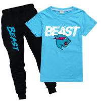 Mr Beast เสื้อยืดลายแมวสายฟ้าสำหรับเด็กผู้ชายชุดฤดูร้อนเสื้อยืดคอกลมสำหรับเด็กผู้หญิงแขนสั้นส่วนตัวใหม่เสื้อยืด + กางเกงขายาวเสื้อผ้ากีฬา1210b ชุดกีฬาแฟชั่นลำลอง