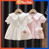 NINAKIDS ชุดเดรสเด็กผู้หญิง0-4ปี,ชุดเดรสแขนพองสไตล์เกาหลีพร้อมกระเป๋า