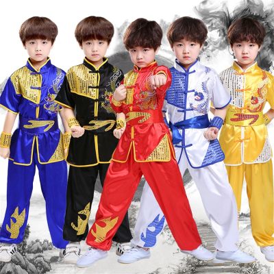 ชุดเสื้อผ้าสไตล์จีนดั้งเดิมสำหรับเด็ก,เครื่องแบบกังฟูไทชิปักลายมังกรเลื่อมยาวและสั้นสำหรับการแสดง
