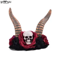 Steampunk Evil Skull Hairband Halooween Cosplay Skeleton Floral Headwear Gothic Horn Headband Rose Crown Band Costume Accessory