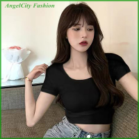 AngelCity เสื้อยืดฤดูร้อนแขนสั้นแฟชั่นร้านค้าผู้หญิงสีทึบคอกลมสุดเซ็กซี่เพรียวบางเสื้อครอป