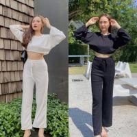 P13966 Set 2 ชิ้น เสื้อครอปแขนยาว + กางเกงขายาว Set of 2 pieces, long sleeve crop top + pants.