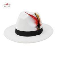 QBHAT Artificial Wool Fedora Hats Women Men Felt Vintage Style With Feather Band White Hat Flat Brim Top Jazz Panama Cap