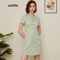 Lovito ชุดเดรสเชิ้ต มีปก ลายสก๊อต สไตล์เพร็พพี่ L19D052 (สีเขียว)