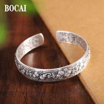 BOCAI New Real S925 Silver Jewelry Trend Retro Hand Carved Gourd Pattern Fashionable Woman Open Bracelet Mothers Gift