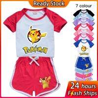 COD SDFGDERGRER POKEMON Spot hot selling new cartoon childrens pajamas for boys and girls casual sports short-sleeved T-shirt shorts two-piece suit