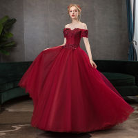 ชุด off shoulder dress formal dress evening dress red dress Top Vocal Music Art Test Beauty Sound Performance tiskirt Stage Host Annual Party Evening Dress H256 ชุด แต่งงาน