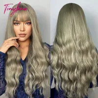 Gray Green Long Wavy Synthetic Wigs For Women with Bangs Cosplay Christmas Hair Natural Light Brown Hair Wig Heat Resistant Wig  Hair Extensions Pads