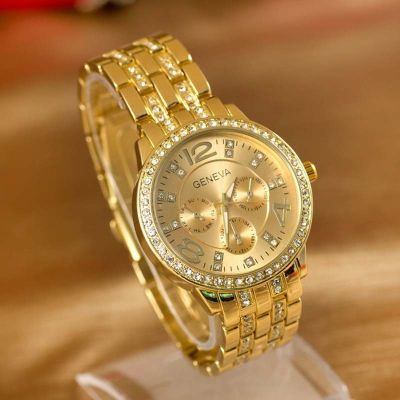 （A Decent035）หรูหรา GenevaWomen ทองสแตนเลส SteelWatch MilitaryCasual WristRhinestone Relógio Feminino