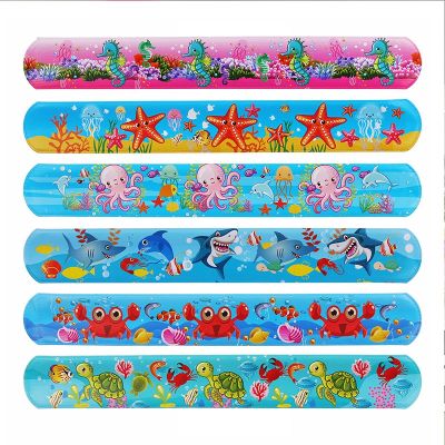 6Pcs Cartoon Turtle Seahorse Octopus Shark Starfish Crab Print Slap Bracelets Ocean Animal Mermaid Birthday Party Under The Sea