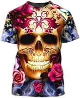 Skull Skeleton with Flowers Graphic Design Shirt 3D Printed Short Sleeve Tshirt for Men Women Boy Girl Adults Brother Sister