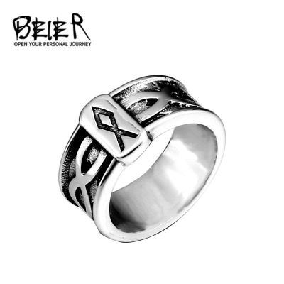 Beier แหวนเหล็กไททาเนียมอักษรไวกิ้งแนววินเทจสำหรับผู้ชายแหวนเหล็กสแตนเลสแฟชั่นแบบเรียบง่าย