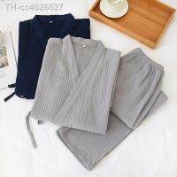 ◕ 110kg Quimono Set Homens Pijama Lavado Criptografia Crepe Quatro Estações Fino Algodão Três Quartos Mangas Sweat Hanfu Pijamas Pj