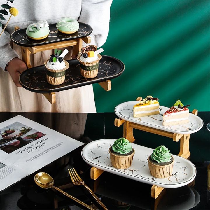 spot-parcel-post-nordic-marbling-ceramic-dim-sum-plate-dessert-shop-afternoon-tea-double-layer-wooden-rack-pastry-plate-fruit-dessert-plate