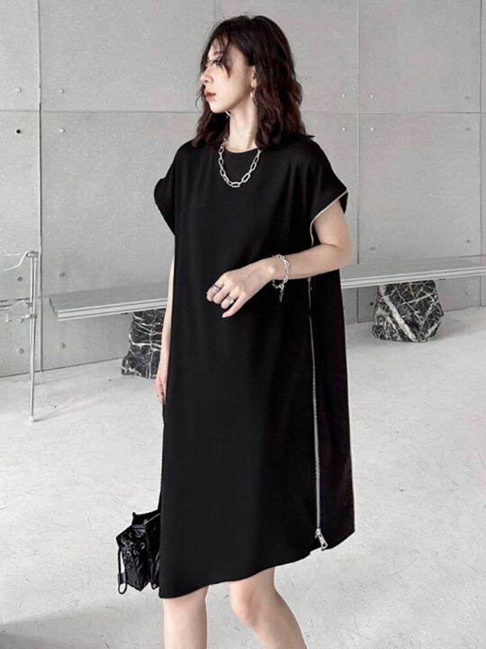 xitao-dress-black-casual-loose-zipper-t-shirt-dress