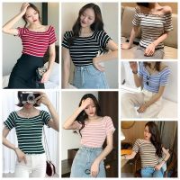 Womens Slash Neck Striped Short Sleeve Knitted Ruffles T-Shirt