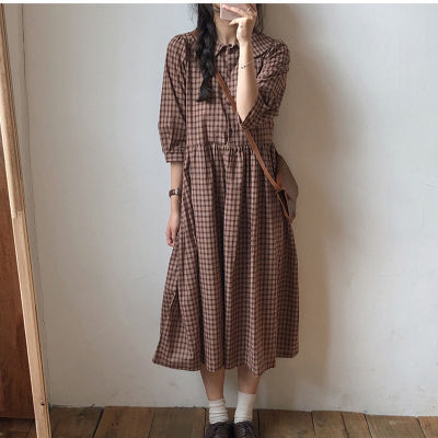 Korea Design Fashion Plaid Autumn Dress Cotton Linen College Style Mori Girls Dress Women Casual Midi Spring Summer Midi Dress