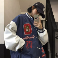 Autumn Women American Oversize Contrast Color Letter Uniform Baseball Jacket Couple Harajuku Streetwear Single Breasted Coat2021