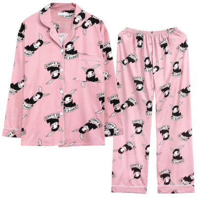 FINETOO Lovely Rabbit Pajamas Set  Women Spring Summer Cotton Homewear Cartoon Pajamas Full Pants Plus Size Female Sleepwear