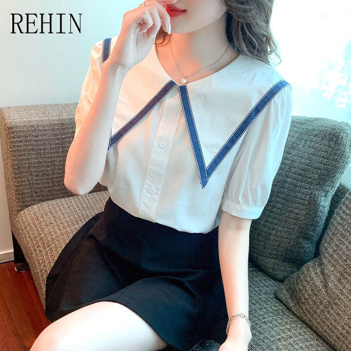 rehin-เสื้อสไตล์เกาหลีแบบใหม่แขนพองหวานสำหรับผู้หญิง-เสื้อแขนสั้นดีไซน์แบบหลวมคอตุ๊กตาแฟชั่นฤดูร้อน