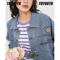 ZZOOI Toyouth Women Denim Jacket 2022 Autumn Long Sleeve Polo Neck Loose Coats Light Blue Funny Embroidery Vintage Casual Streetwear