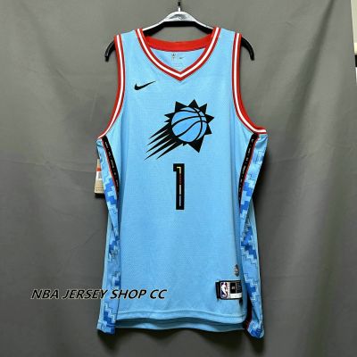 ใหม่ ของแท้ NBA Phoenix Suns 2022-23 สําหรับผู้ชาย #1 เสื้อกีฬาแขนสั้น ลายทีม Devin Booker City Edition สีฟ้า