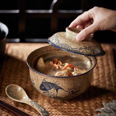 ชามบะหมี่กึ่งสำเร็จรูปญี่ปุ่นชามความจุมากชามซุปสลัดบะหมี่เซรามิกสไตล์ย้อนยุค Mangkuk Bertutup ของใช้ในครัวเรือน Guanpai4อุปกรณ์เครื่องครัว
