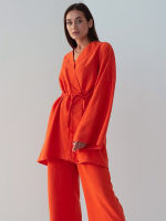 Hiloc Split Pants Pajama Sets V-Neck Set Woman 2 Pieces Solid Loose Sleepwear Womens Palazzo Pants Home Suit With Sashes Spring