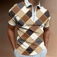 Summer Men Polo Shirt Plaid Pattern Vintage Fashion Lapel Zipper Shirt Oversize Short Sleeve Casual Outfits Breathable Golf Tops