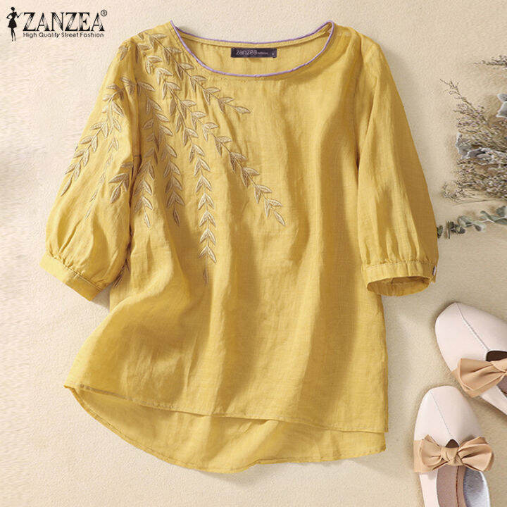 ZANZEA Women's Vintage Embroidery Short Sleeve Blouse Tops Casual Loose