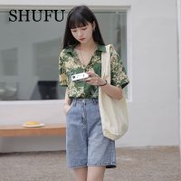 SHUFU 2365 สต็อกพร้อม สไตล์เกาหลี ฮาวาย แขนสั้น เสื้อสำหรับผู้หญิง พลัสไซส์ ชีฟอง ปก เสื้อลายดอกไม้