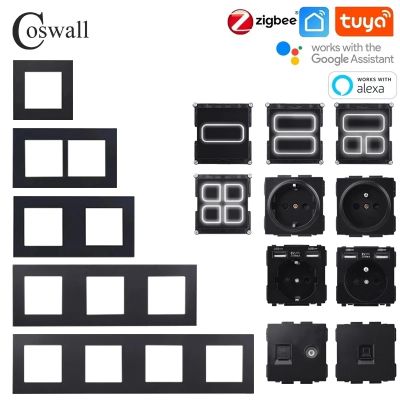 COSWALL-Painel de plástico mate preto Zigbee 3.0 Tuya 1 2 3 4 Gang Switch soquete UE carregador USB módulos de TV RJ45 DIY