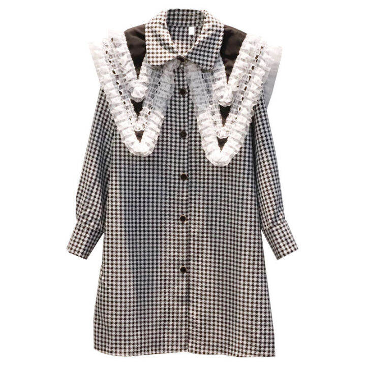 xitao-dress-fashion-casual-loose-ruffle-lattice-shirt-dress