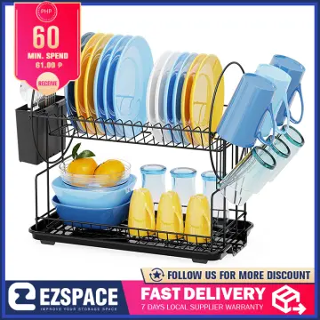 2-Tier Compact Kitchen Dish Rack , Rust-Proof Dish Drainer with Utensil  Holder,Black 