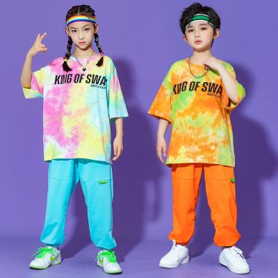 [COD] Childrens hip-hop suit boys hiphop trendy brand loose tie-dye short-sleeved handsome dance girls summer