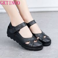 GKTINOO Womens Sandals 2021 Summer New Genuine Leather Ladies Shoe Leather Sandals Women Flats Retro Style Mother Shoes