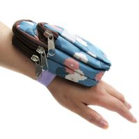 ℡❦ Portable Bag Wrist Bracelet Purse Handbags Arm Package Three Zipper Flower Fabric For Women Men Halter Bags