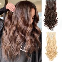 24Inchs 16 Clips in Hair Extensions Long Wavy Hairstyle Synthetic Blonde Black Hairpieces Heat Resistant False Hair Wig  Hair Extensions  Pads