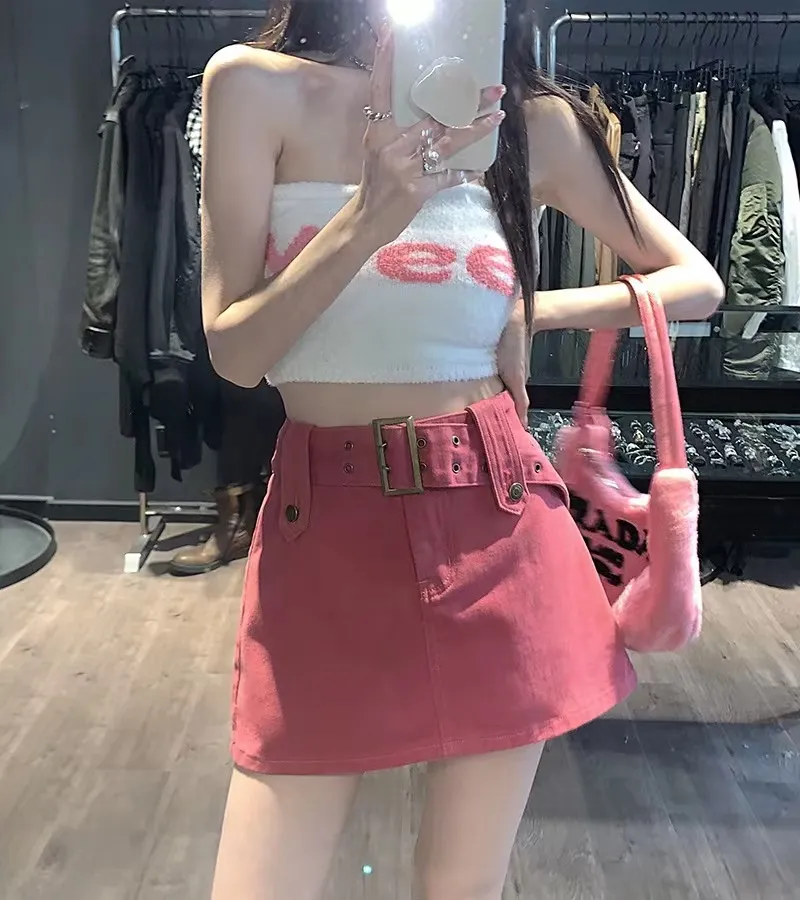 Denim skirt for women in summer, new style, high waist, straight tube,  loose, slim, mesh red split, medium length, knee length skirt | Lazada