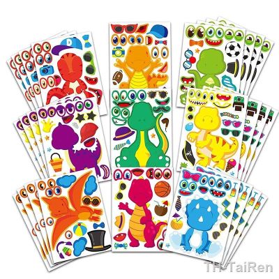 【LZ】۞▥  Creative Make a Dinosaur Stickers Sheets Kids DIY Toys Children Puzzle Games Make A Face Sticker Dino Theme Birthday Party Favor