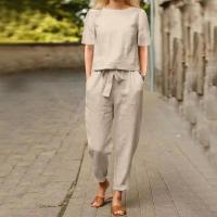 Casual Short Sleeve Cotton Linen Suits Loose Womens Blouse Elegant Solid Vintage Tracksuits Harajuku Shirt 2 Pcs Set Streetwear