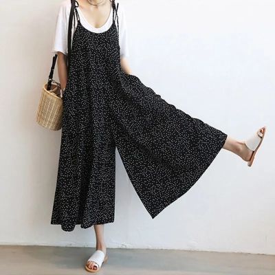 Size 6XL 150kg Women Big Jumpsuits Sleeveless Adjustable Straps Loose Jumpsuit Dot Printed Overall Vintage Lady Wide Leg Pants