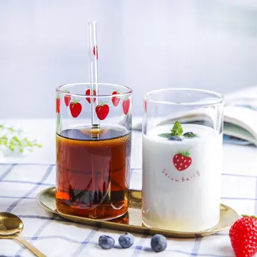 300ml Strawberry Cute Glass Cup With Straw Creative Transparent Water Cup  Student Milk Heat Resistant Glass Nana