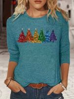 xixibeauty Christmas Tree Print Crew Neck T-Shirt, Casual Long  Sleeve T-Shirt For Spring &amp; Fall, Womens Clothing