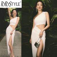 RYRYSTYLE Shu Qi ไหล่เฉียงสีขาวดีไซน์ชุดเดรสเซ็กซี่ความยาวปานกลางแยกเดรสใส่เที่ยววันหยุดผู้หญิง1376